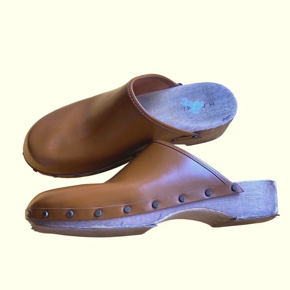 M.Gemi Greta Tan Leather Studded Wooden Clogs Mules Italy 42 9 Boho Scandigirl